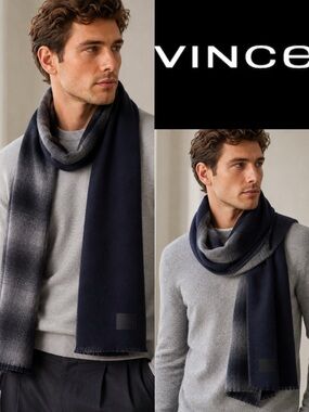 Vince Men’s Double-Face Merino Wool Cashmere Scarf – Navy Plaid